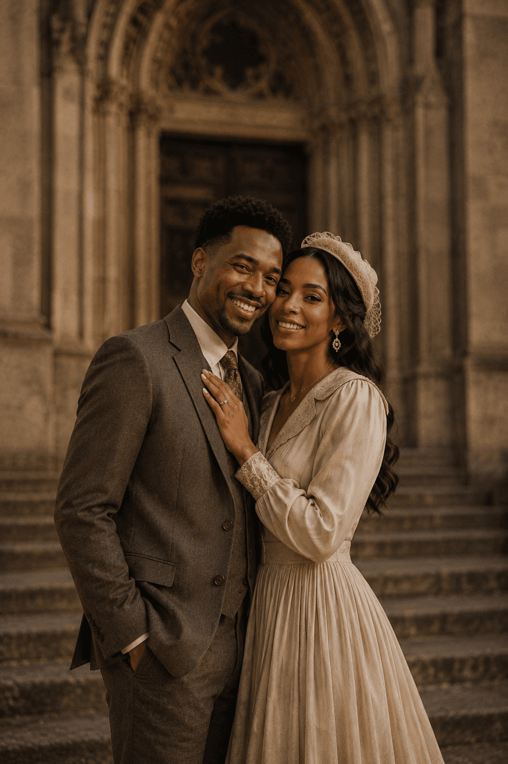 Couple walking together in wedding attire