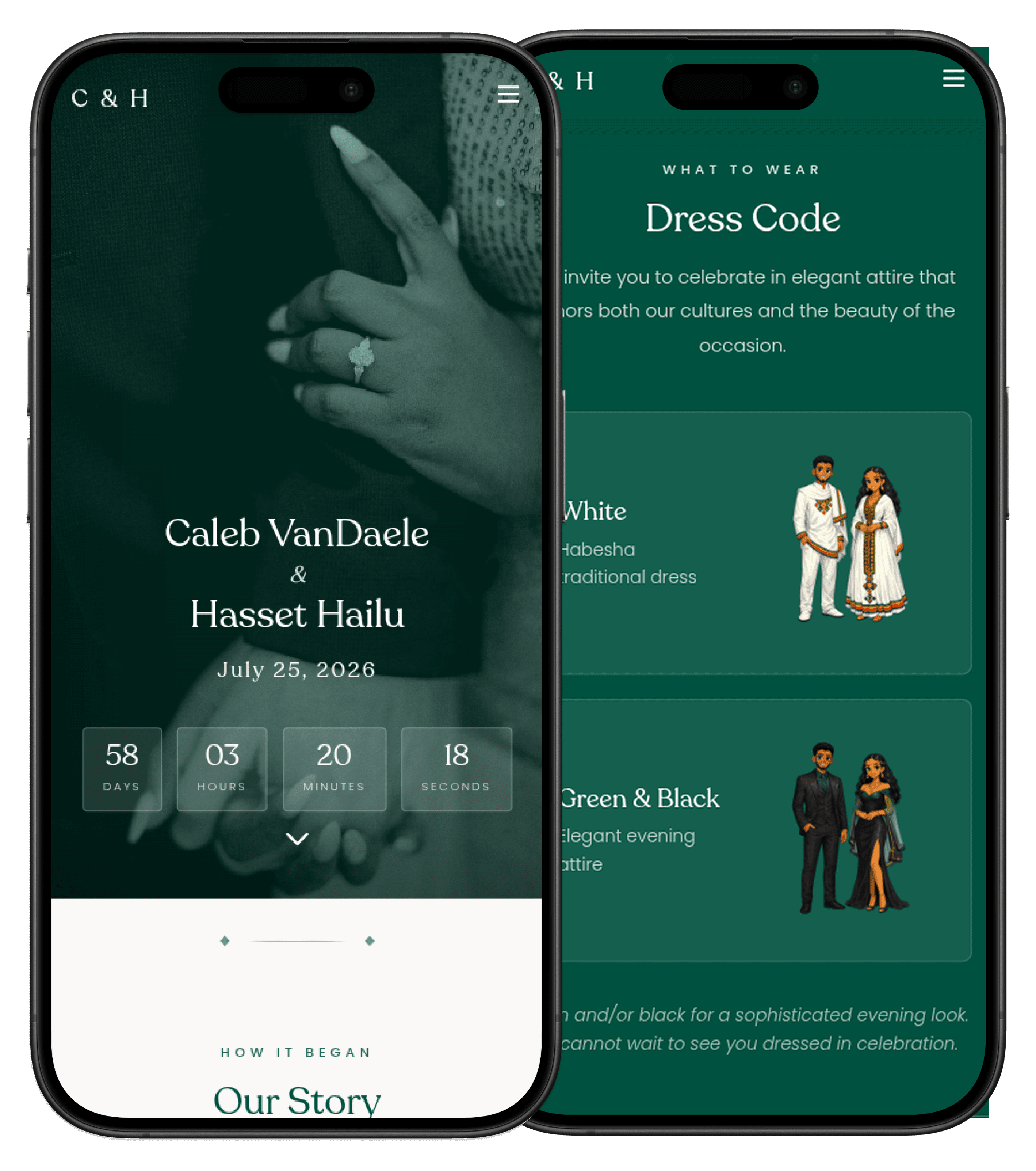 Hasset and Caleb sage green wedding page mobile mockup